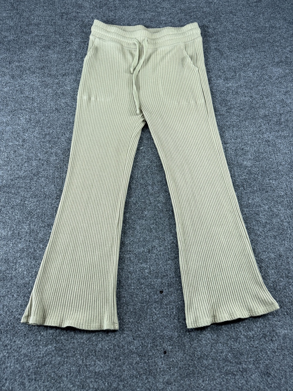 Beyond Yoga Pants Womens Small Beige Ribbed Flare Leg Drawstring Yoga Made USA